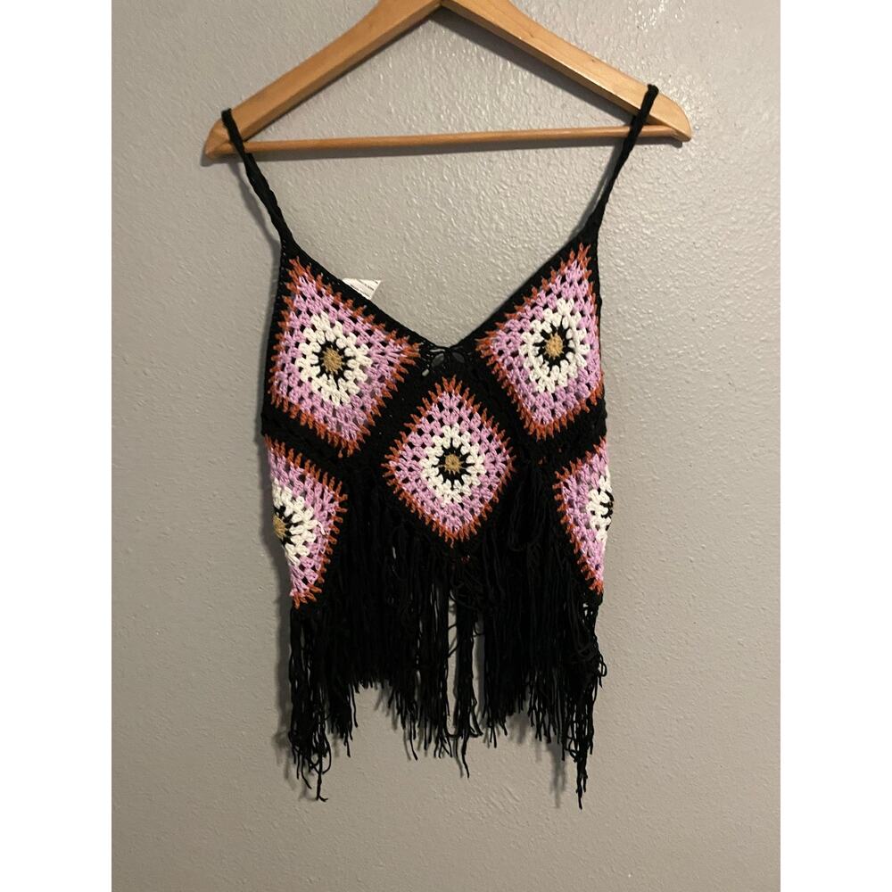 Rebellion Tank Top Womens Small Granny Square Crochet Fringe Boho Festival - Picture 4 of 8